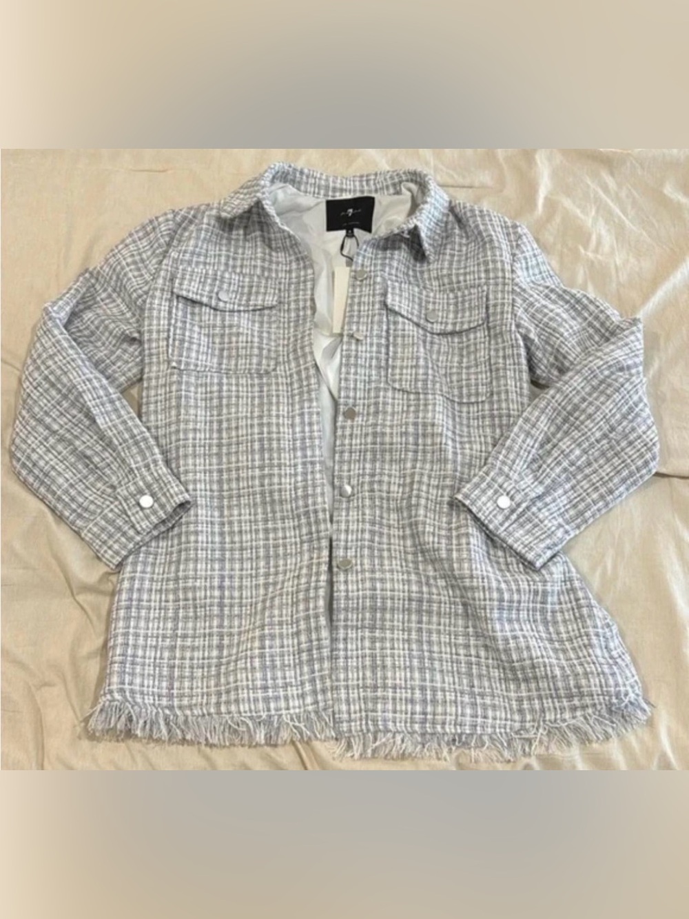 7 For All Mankind Tweed Fringe Jacket Blue White Button Up Shacket M